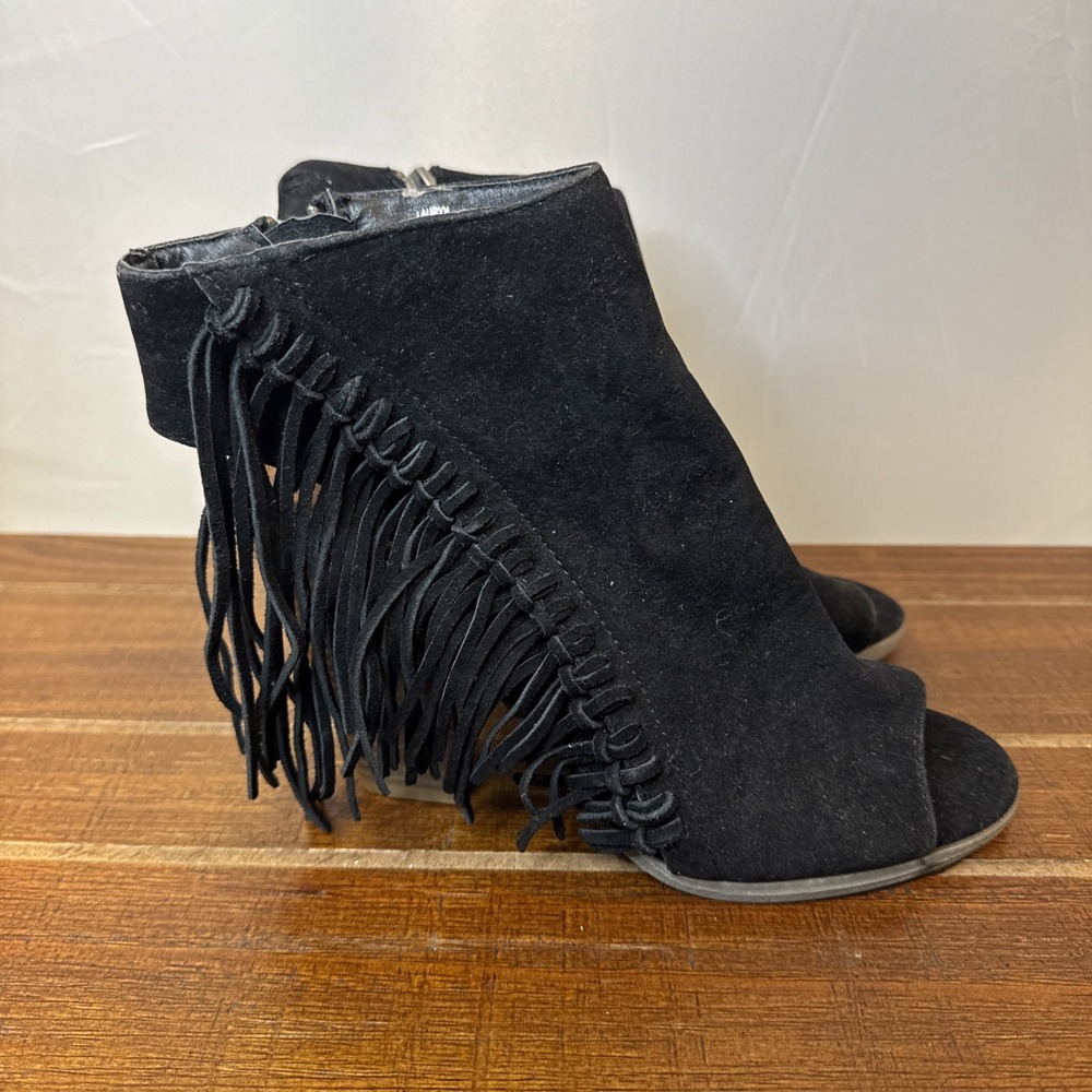 Rampage Lauryn Black Fringe Booties With Open Toe And Heel Women's 8M